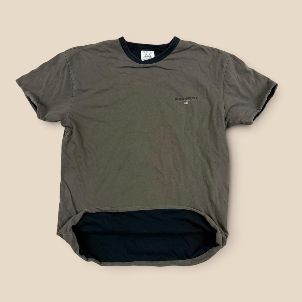 Vintage 90s Polo Sport Ralph Lauren Double Face T-Shirt Olive M Small Mark